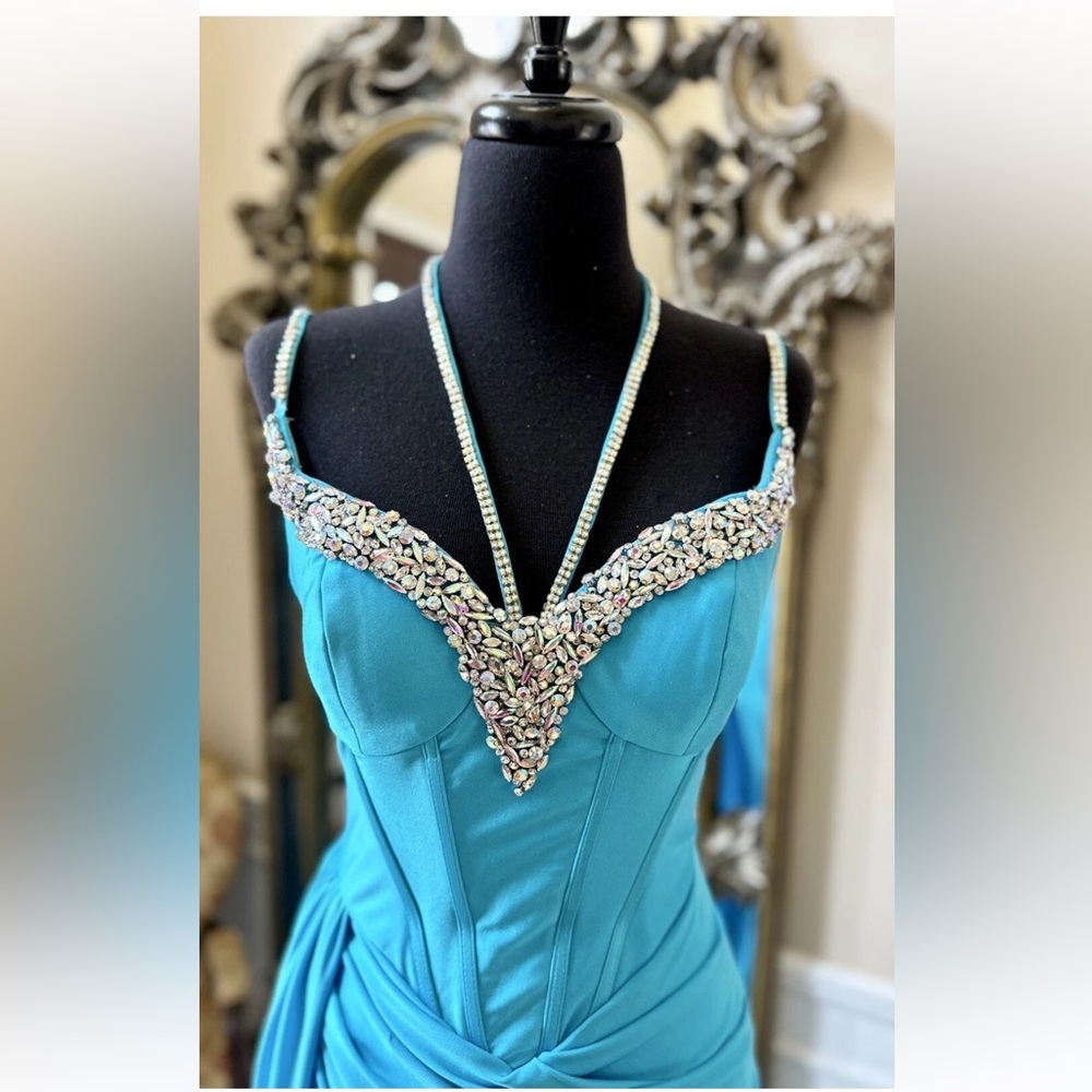 Portia and Scarlett Turquoise Blue Maxi Formal Evening Fitted Gown Size 4 - Picture 10 of 16